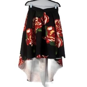 San Joy Woman's NWT Floral black red green pleated high lo sz 4 skirt that girl